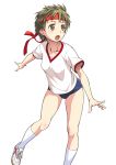  1girl :o buruma gym_uniform headband kneehighs kouda_tomohiro original shoes short_hair simple_background sneakers solo tomboy white_background white_legwear 