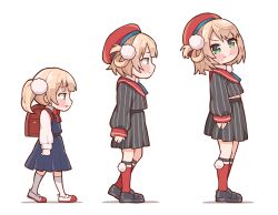  2girls age_progression backpack bag black_jacket black_skirt blonde_hair blush_stickers commentary_request english_commentary from_side full_body green_eyes hair_ornament hat highres hunched_over indie_virtual_youtuber jacket kukie-nyan meme mixed-language_commentary multiple_girls pleated_skirt pom_pom_(clothes) pom_pom_hair_ornament profile progression randoseru red_hat shigure_ui_(1st_costume)_(vtuber) shigure_ui_(vtuber) shigure_ui_(young)_(vtuber) skirt slouching slouching_shigure_ui_(meme) virtual_youtuber 