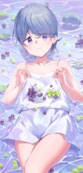  1girl blue_hair blush closed_mouth commentary_request dress food fruit grapes hair_between_eyes highres holding looking_at_viewer nene_(neneeeeeillust) shima_rin short_hair sleeveless smile solo violet_eyes water yurucamp 