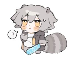 1boy ? animal_ears baseball_bat black_coat black_gloves blush caelus_(honkai:_star_rail) chibi chibi_only closed_mouth coat commentary_request fingerless_gloves full_body gloves grey_hair hair_between_eyes hand_on_own_face hand_up holding holding_baseball_bat honkai:_star_rail honkai_(series) hood hooded_coat kemonomimi_mode leonrui long_sleeves looking_to_the_side lowres male_focus open_clothes open_coat raccoon_ears raccoon_tail shirt short_hair simple_background solo speech_bubble spoken_question_mark standing sweatdrop t-shirt tail trailblazer_(honkai:_star_rail) two-sided_coat two-sided_fabric v-shaped_eyebrows white_background white_shirt yellow_coat yellow_eyes 