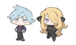  1boy 1girl :o black_coat black_pants black_shoes blonde_hair blue_eyes blue_hair chibi chibi_only closed_mouth coat commentary_request cynthia_(pokemon) full_body hair_ornament hair_over_one_eye jacket long_hair long_sleeves looking_at_viewer open_clothes open_jacket open_mouth pants pokemon pokemon_dppt pokemon_oras pom_107 purple_shoes shoes short_hair smile steven_stone very_long_hair violet_eyes 