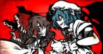  2girls blue_hair bow brooch brown_hair detached_sleeves dress face-to-face frills hair_bow hair_over_one_eye hair_tubes hakurei_reimu highres itosiki_zetu jewelry multiple_girls red_background red_bow red_eyes remilia_scarlet short_sleeves silhouette simple_background touhou wrist_cuffs 