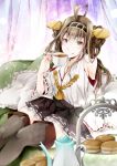  1girl :p bare_shoulders blush boots breasts brown_hair cookie couch cup curtains detached_sleeves double_bun food grey_eyes hair_ornament hairband headgear japanese_clothes kantai_collection kongou_(kantai_collection) long_hair miko okatsukisei personification sitting skirt smile solo table tea teacup teapot thigh_boots thighhighs tongue wide_sleeves 