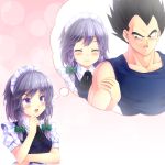  1boy 1girl black_eyes black_hair blush braid chintara crossover dragon_ball dragon_ball_z hair_ribbon highres imagining izayoi_sakuya long_hair maid maid_headdress male muscle open_mouth puffy_sleeves ribbon short_hair short_sleeves silver_hair smile spiky_hair sweatdrop thinking touhou twin_braids vegeta violet_eyes 