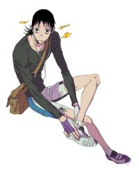  1boy adjusting_clothes adjusting_shoe ankle_socks bad_id bad_pixiv_id bag bike_shorts black_eyes black_hair black_shirt brown_bag choppy_bangs collarbone commentary crossbody_bag doyak earphones earphones figure_four_sitting full_body gloves grid_teeth invisible_chair long_sleeves looking_at_viewer male_focus midousuji_akira mullet multicolored_gloves musical_note pale_skin parted_lips purple_gloves raised_eyebrows satchel shirt shoes short_hair simple_background sitting slouching sneakers socks solid_circle_pupils solo two-tone_gloves white_background white_gloves white_socks wide-eyed yowamushi_pedal 