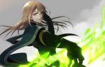  1boy adjusting_glasses black_gloves brown_eyes brown_hair cape cape_lift clouds cloudy_sky glasses gloves jade_curtiss long_hair magic niiko tales_of_(series) tales_of_the_abyss 