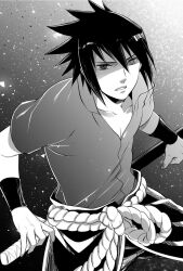  1boy commentary_request greyscale hachiya_nanao highres male_focus mismatched_pupils monochrome naruto_(series) naruto_shippuuden ringed_eyes rinnegan rope shaded_face sharingan sheath sheathed solo sword uchiha_sasuke weapon 