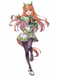  1girl :d animal_ears asymmetrical_footwear black_bow black_bowtie black_gloves black_pantyhose black_shoes bow bowtie collared_shirt commentary_request ear_covers ear_ornament full_body gloves green_eyes hair_ornament hairband hand_on_own_chest highres horse_ears horse_girl horse_tail long_hair long_sleeves looking_at_viewer mismatched_footwear monkey_ears monkey_girl open_mouth orange_hair outstretched_arm pantyhose peperoncino-sama pleated_skirt shirt shoes silence_suzuka_(innocent_silence)_(umamusume) silence_suzuka_(umamusume) simple_background skirt smile solo standing standing_on_one_leg tail umamusume very_long_hair white_background white_hairband white_shirt white_shoes white_skirt 