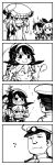  +_+ 1boy 3girls 4koma ? admiral_(kantai_collection) black_hair bodysuit cheek_pull comic gloves hat head_rest hounori kantai_collection long_hair military military_uniform miyuki_(kantai_collection) monochrome monster multiple_girls personification shimakaze_(kantai_collection) uniform wo-class_(kantai_collection) 