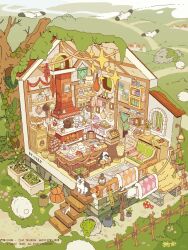  absurdly_detailed_composition animal apple artist_name baby_animal baguette bench bird book bottle bowl bread building candle cat chest_of_drawers commentary_request cooking_pot copyright_notice counter cup day diorama dog dough egg field fire fireplace food fruit highres house lantern loaded_interior log mug no_humans original outdoors overgrown path plant plate potted_plant puppy rolling_pin sheep shelf table tree vines wan_(rdnt5487) whisk wooden_stool wooden_table 