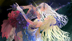  2girls absurdres backlighting black_dress black_gloves blonde_hair blue_eyes blue_gem blue_skirt boots chest_jewel commentary cowboy_shot crown_of_thorns dancing dress dual_persona english_commentary expressionless eyelashes first_act_nightblaze_(shining_nikki) flower flower_skirt gem gloves grey_boots happy highres knee_boots knee_pads leaning_back leaning_forward light_particles long_hair miniskirt multiple_girls night nikki_(series) ocean official_alternate_color one_eye_covered open_mouth outdoors parted_lips pointy_nose red_eyes red_flower red_gem red_rose red_skirt rose shining_nikki skirt sleeveless sleeveless_dress smile tailcoat tamomoko teeth torn upper_teeth_only very_long_hair white_dress white_flower white_gloves white_hair white_rose 