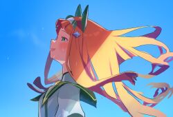 1girl :d animal_ears aqua_eyes blue_background blue_sky blunt_bangs blunt_ends blush commentary_request day ear_covers flat_chest floating_hair from_side green_eyes green_hairband hair_ornament hairband half-closed_eyes high_collar highres hime_cut horse_ears horse_girl juliet_sleeves long_hair long_sleeves looking_ahead looking_up orange_hair puffy_sleeves shirt sidelighting sidelocks silence_suzuka_(innocent_silence)_(umamusume) silence_suzuka_(umamusume) simple_background sky smile solo sparkle star_(symbol) star_hair_ornament sunlight sweat takuan_(taku1219oekaki) umamusume white_hairband white_shirt wind 