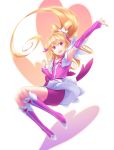  1girl :d aida_mana armpits bike_shorts blonde_hair boots cure_heart curly_hair detached_sleeves dokidoki!_precure flat_chest hair_between_eyes hair_ornament high_heel_boots highres long_hair nanakusa open_mouth outstretched_arm pink_bike_shorts pink_eyes ponytail precure shorts_under_skirt skirt skirt_lift smile solo very_long_hair 