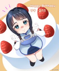  1girl :> absurdres armor artist_name black_boots blue_armor blue_dress blue_eyes blue_skirt blunt_bangs bob_cut boots breastplate cake chibi closed_mouth commentary_request dress dutch_angle elbow_gloves food gloves hands_up happy_birthday highres mini_person minigirl miniskirt notice_lines parted_bangs sachi_(sao) short_dress sitting sitting_on_food skirt skirt_under_dress smile solo strawberry_cake sword_art_online translation_request tu_tora2 twitter_username white_gloves 