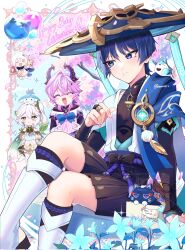  2boys 2girls anemo_symbol_(genshin_impact) animalization aranara_(genshin_impact) ararycan_(genshin_impact) arm_at_side arm_support arm_up armlet armor asymmetrical_sidelocks balloon belt black_belt black_bodysuit black_bow black_bridal_gauntlets black_cape black_cat black_coat black_horns black_sandals black_shirt black_shorts bloomers blue_bow blue_cape blue_flower blue_gem blue_hat blue_kimono blue_sleeves blunt_ends blush blush_stickers bodysuit border bow box bracelet bridal_gauntlets bridal_legwear cape cat character_name closed_eyes closed_mouth coat colored_eyelashes colored_tips covered_collarbone creature_on_head cross-shaped_pupils crossed_bangs detached_sleeves diamond_hair_ornament dragon dragon_boy dragon_horns dress durin_(genshin_impact) eyeliner eyeshadow facial_mark facing_another falling_petals fang feathers fingernails floating flower forehead_mark gem genshin_impact gift gift_box glint gloves glowing_gem gold gold_ring gold_trim green_cape green_eyes green_hair green_sleeves hair_between_eyes hair_intakes hair_ornament hakama hakama_shorts half_crown_braid halo hand_up happy_birthday hat highres holding holding_gift holding_party_popper horns japanese_armor japanese_clothes jewelry jingasa juban kimono kote kurokote layered_sleeves leaf leaf_hair_ornament leg_warmers levitation long_hair long_sleeves looking_at_another makeup mandarin_collar middle_ring mini_durin_(genshin_impact) multicolored_hair multiple_boys multiple_girls nahida_(genshin_impact) nonemii notice_lines open_clothes open_coat open_hand open_kimono open_mouth ornate_border outdoors paimon_(genshin_impact) party_popper person_and_animalization petals pink_hair pink_petals pleated_shorts pointy_ears pom_pom_(clothes) purple_horns purple_rope purple_sash red_eyeliner red_eyeshadow romper rope sandals sash scaramouche_(cat)_(genshin_impact) scaramouche_(genshin_impact) shirt shoes short_hair short_sleeves shorts shoulder_peek side_ponytail sidelocks sideways_glance single_thighhigh sitting small_dragon smile standing stirrup_legwear stuffed_animal stuffed_toy symbol-shaped_pupils tassel thigh-highs toeless_legwear tree twitter_username two-sided_horns undershirt violet_eyes wanderer_(genshin_impact) watermark white_bloomers white_dress white_gloves white_hair white_kimono white_leg_warmers white_mouth white_romper white_shoes white_sleeves white_trim wispy_bangs yellow_feathers yellow_halo zouri 