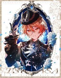  1boy chulixun1 flower frills gloves hand_on_own_chest hand_up hat highres long_sleeves looking_at_viewer male_focus monocle orange_eyes orange_hair project_sekai rose solo teeth tenma_tsukasa white_gloves 