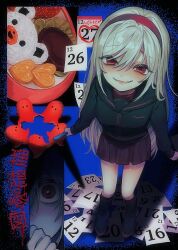  1girl albino alternate_costume bags_under_eyes bento black_boots black_sailor_collar black_shirt blush boots boxcutter breasts brown_shirt brown_skirt calendar_(object) commentary_request empty_eyes food food_art from_above fruit full_body hair_between_eyes headband heart highres knee_boots labo_9696 layered_shirt long_hair long_sleeves looking_at_viewer meat multiple_views omelet onigiri parted_bangs peeking peeking_out pleated_skirt red_eyes red_headband rice sailor_collar shirt sidelocks skirt small_breasts smile standing straight_hair strawberry sukone_tei tako-san_wiener tamagoyaki translation_request turtleneck utau very_long_hair white_hair wide-eyed yandere 