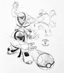  1boy belt closed_mouth commentary dougi english_commentary greyscale highres holding holding_poke_ball inktober jacket listlessscrawls long_sleeves male_focus master_ball monochrome motion_blur multiple_views pants poke_ball pokemon simple_background throh throwing throwing_poke_ball traditional_media white_background 