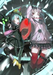  2girls absurdres bungo_yayoi commentary_request crab_claw eyepatch fake_horns green_hair grey_hair gun heaven_burns_red helmet highres holding holding_gun holding_weapon horned_helmet horns multiple_girls nico-tine red_eyes skirt thigh-highs weapon yamawaki_bon_ivar yellow_eyes 