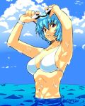  1girl adjusting_goggles ayanami_rei beruzenefu bikini blue_hair breasts cleavage clouds goggles goggles_on_head looking_at_viewer neon_genesis_evangelion parted_lips red_eyes short_hair solo swimsuit water wet white_bikini white_swimsuit 