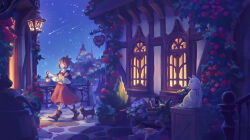  1girl :d animal bag barrel black_cat blue_eyes boots brown_boots brown_hair cat collared_shirt commentary_request dress flower fringe_trim hair_ribbon highres holding holding_lantern kuune_(muttey-myg) lantern night original outdoors pantyhose paper_bag ponytail railing red_dress red_flower red_ribbon red_rose ribbon rose shawl shirt shooting_star sky sleeveless sleeveless_dress smile solo star_(sky) starry_sky tower walking white_cat white_pantyhose white_shirt window 