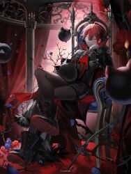  1boy absurdres ascot bishounen black_coat black_pantyhose black_shorts boots cape chair closed_mouth coat full_body gloves highres holostars holostars_english looking_at_viewer machina_x_flayon machiroon_(machina_x_flayon) male_focus on_chair pantyhose red_ascot red_hair shokuen_(oxstl) short_hair shorts sitting smile solo virtual_youtuber white_gloves 