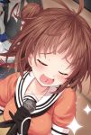  2girls ahoge akagi_(kantai_collection) antenna_hair blush brown_hair closed_eyes double_bun elbow_gloves erokosei gloves kantai_collection microphone multiple_girls muneate musical_note naka_(kantai_collection) open_mouth personification short_hair smile 