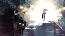  2boys backlighting bettel_2_(gavis_bettel) bishounen black_gloves black_shorts black_thighhighs blue_hair boots brothers commentary copyright_name creature creature_on_shoulder english_commentary gavis_bettel gavis_bettel_(1st_costume) glasses gloves grey_hair hair_between_eyes hat highres holding holding_umbrella holostars holostars_english lynnear male_focus medium_hair multicolored_hair multiple_boys official_art on_shoulder phantom_(gavis_bettel) pink_hair scarf shadow shirt short_hair shorts siblings standing stone_wall thigh-highs thigh_boots tunnel twins umbrella virtual_youtuber white_shirt 