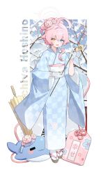  1girl absurdres ahoge alternate_costume alternate_hairstyle arrow_(projectile) blue_archive blue_eyes blue_kimono blush ema flower flower_on_head full_body gloves hair_between_eyes halo hamaya heterochromia highres holding holding_arrow hoshino_(blue_archive) japanese_clothes kimono long_sleeves looking_at_viewer matgandaramjwi obi okobo omamori open_mouth pink_flower pink_hair pink_halo platform_sandals sandals sash smile socks solo stuffed_whale tabi white_gloves white_socks wide_sleeves yellow_eyes 