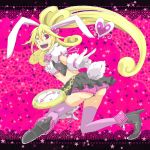  1girl aida_mana alice_in_wonderland alternate_costume animal_ears black_skirt blonde_hair boots bowtie bunny_tail clock cosplay crossover cure_heart curly_hair dokidoki!_precure frills gloves hair_ornament half_updo happy heart high_heels jewelry kasetsu long_hair midriff navel open_mouth pink_background pink_eyes pink_legwear precure puffy_sleeves rabbit_ears ribbon skirt smile solo star tail white_gloves white_rabbit white_rabbit_(cosplay) wrist_cuffs 
