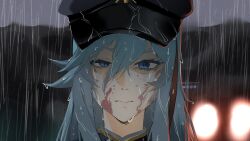 1girl 86_-eightysix- absurdres black_hat blood blood_on_face blue_eyes eye_twitch gold_trim hat highres jacket knowname military military_hat military_jacket military_uniform multicolored_hair peaked_cap rain red_hair reze's_eye_twitch_(chainsaw_man) streaked_hair vladilena_millize water_drop white_hair 