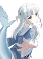  1girl absurdres blue_eyes blue_hoodie blue_streaks commentary_request fins fish_tail gawr_gura gawr_gura_(1st_costume) grey_hair hair_ornament highres hololive hololive_english hood hoodie kanae_(inorin05kanae) looking_at_viewer medium_hair shark_girl shark_hair_ornament shark_tail sidelocks smile solo tail two_side_up virtual_youtuber white_background 