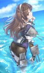  1girl blush brown_eyes brown_hair character_check gloves hairband hi-ho- kantai_collection long_hair looking_at_viewer looking_back ocean ooi_(kantai_collection) solo sparkle standing white_gloves 