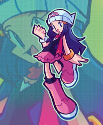  1girl abstract_background beanie blue_eyes blue_hair boots butterhat dynamic_pose english_commentary full_body gradient_background hand_up hat highres hikari_(pokemon) long_hair midair open_mouth outstretched_arm patterned_background pink_boots pink_nails pink_skirt pokemon pokemon_dppt poketch red_scarf scarf skirt sleeveless smile solo thick_outlines watch watch white_hat 