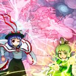  1boy 2girls clouds cloudy_sky dark_clouds dress electricity green_dress green_eyes green_hair hat lightning multiple_girls nagae_iku ninniku_(ninnniku105) purple_hair red_eyes shawl soga_no_tojiko tate_eboshi thunder touhou unzan wink 