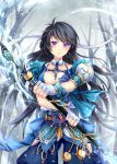  1girl armor black_hair dkaki fantasy glaive long_hair original polearm solo violet_eyes weapon 