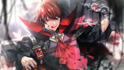  1boy ascot bishounen black_gloves black_shirt commentary crown_(artist) english_commentary gloves hair_over_one_eye holding holostars holostars_english machina_x_flayon male_focus mask masquerade_mask red_ascot red_eyes red_hair shirt short_hair smile solo upper_body virtual_youtuber 