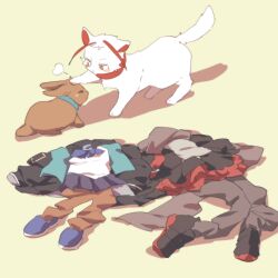  amiya_(arknights) animalization arknights cat commentary lari_lab rabbit simple_background symbol-only_commentary tagme unworn_clothes w_(arknights) yellow_background 