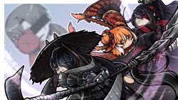  1girl 3boys bags_under_eyes bandage_over_one_eye black_dress black_gloves black_hair black_suit braid censored censored_identity commentary_request double_bun dress freckles gloves hair_bun hair_over_one_eye hand_fan hat heishou_pack-wu_branch_(identity)_(project_moon) holding holding_fan holding_weapon hong_lu_(project_moon) hongyuan_(identity)_(project_moon) ishmael_(project_moon) limbus_company long_hair looking_up multicolored_hair multiple_boys orange_eyes orange_hair polearm project_moon red_bandage red_dress red_sash sash short_hair shoulder_sash smile spear stuffed_animal stuffed_toy suguri_1150615 suit twin_braids twintails two-tone_dress two-tone_hair vergilius_(project_moon) weapon white_hair yi_sang_(project_moon) 