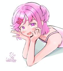  1girl absurdres artist_name blush dated doki_doki_literature_club eyelashes hair_ornament hairclip hands_on_own_face head_rest highres leguma looking_at_viewer lying natsuki_(doki_doki_literature_club) on_stomach open_mouth pink_eyes pink_hair short_hair simple_background smile solo two_side_up white_background 