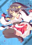  1girl bare_shoulders black_hair black_legwear blue_background blush boots brown_eyes detached_sleeves female hairband haruna_(kantai_collection) japanese_clothes kantai_collection long_hair miko mizu_(nonbiri) open_mouth personification skirt smile solo thigh_boots thighhighs 