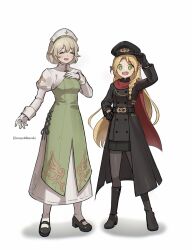  2girls :d absurdres alternate_costume belt black_shoes blonde_hair boots braid bright_pupils brown_belt brown_boots brown_coat brown_dress brown_gloves brown_hat brown_leggings cape closed_eyes coat commentary_request dress dungeon_meshi elf falin_touden falin_touden_(tallman) full_body gloves green_dress green_eyes hand_on_own_hip hat highres korean_commentary leggings long_hair marcille_donato mayo_(mayo88meshi) multiple_girls nurse_cap open_mouth pointy_ears puffy_sleeves red_cape shoes short_hair side_braid simple_background smile standing teeth thigh-highs upper_teeth_only very_long_hair white_background white_dress white_gloves white_pupils white_thighhighs 