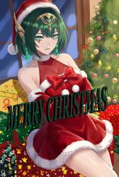  1girl absurdres bare_shoulders breasts christmas_present christmas_tree commentary cowboy_shot crossed_arms dress ear_covers elbow_gloves english_commentary facial_mark genshin_impact gift gloves green_eyes green_hair hairband hat highres large_breasts looking_at_viewer merry_christmas mole mole_under_eye moonstosky nefer_(genshin_impact) parted_lips pom_pom_(clothes) red_dress red_gloves red_ribbon ribbon santa_costume santa_hat sitting solo window 