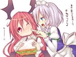  2girls bat_wings blue_eyes blush braid cheek_poke fang head_wings izayoi_sakuya koakuma kuresento long_hair maid maid_headdress multiple_girls poking red_eyes redhead short_hair silver_hair smile touhou translated twin_braids wince wings wink 