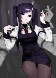  1girl absurdres artist_name black_background black_nails black_skirt black_vest brown_pantyhose cigarette collared_shirt hashtag-only_commentary highres holding holding_cigarette jill_stingray looking_at_viewer necktie pantyhose parted_lips pencil_skirt purple_hair red_eyes red_necktie rory-hb shirt skirt solo twintails va-11_hall-a vest white_shirt zoom_layer 