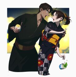  1boy 1girl ahoge arm_around_shoulder black_kimono blurry blurry_background border brown_hair commentary_request cowboy_shot cropped_legs dropped_food food furrowed_brow hair_ribbon hattori_heiji hetero highres holding holding_food japanese_clothes kimono long_hair looking_at_another meitantei_conan obi open_mouth parted_bangs ponytail print_kimono ribbon sash shaved_ice short_hair susk_tkc sweatdrop tan tooyama_kazuha white_border wide-eyed yellow_ribbon yukata 