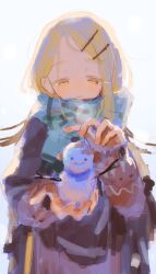  1girl absurdres aqua_scarf blonde_hair blush breath colored_eyelashes commentary_request enpera flipped_hair gakuen_idolmaster highres idolmaster light_smile looking_at_object mini_snowman orange_eyes scarf shinosawa_hiro simple_background snowman solo utsusemi_1024 white_background 