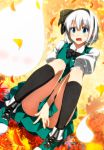  1girl black_legwear blue_eyes blush covering_crotch hairband konpaku_youmu konpaku_youmu_(ghost) leaf maple_leaf open_mouth sazanami_mio short_hair short_sleeves silver_hair sitting skirt solo touhou 