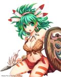  1girl bare_shoulders breasts cleavage earrings green_eyes green_hair jewelry large_breasts navel polearm shield solo spear suoni_(deeperocean) tattoo thighs weapon 