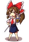  1girl blush_stickers bow brown_eyes brown_hair chibi contemporary hair_bow hakurei_reimu hand_on_hip large_bow long_hair nagarehibana necktie open_mouth police police_uniform policewoman signature skirt sleeves_pushed_up solo touhou truncheon uniform 